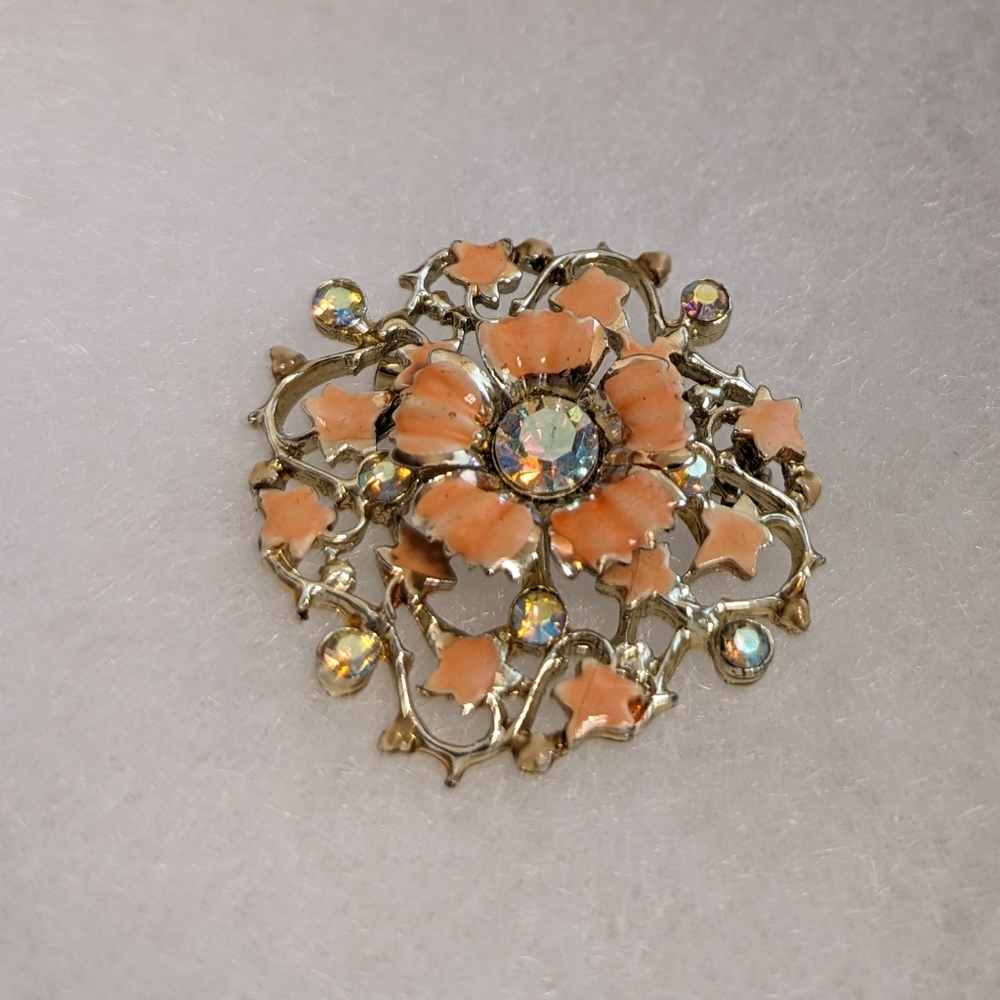Vintage B.S.K Floral Peach Colored, Gold Tone Brooch With Rhinestones